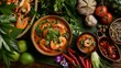 Tom Yum feast: A colorful spread of Tom Yum soup, served with fragrant herbs and succulent shrimp, tantalizes the taste buds.
