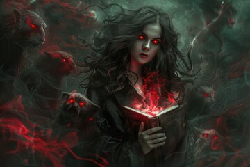 Canvas Print - A woman with red eyes and dark hair holds a book with glowing red symbols on it. She is surrounded by monsters with red eyes.