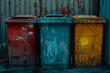 Dirty, shabby and colorful trash cans lined up in a row Recycling concept.