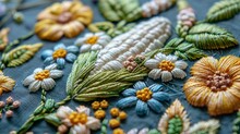 A Sewing Texture Made Of Silk Thread With Embroidery Of An Ear Of Corn On A Tapestry Machine. Stitching Background In Vibrant Colors With An Embroidered Ear Of Corn.