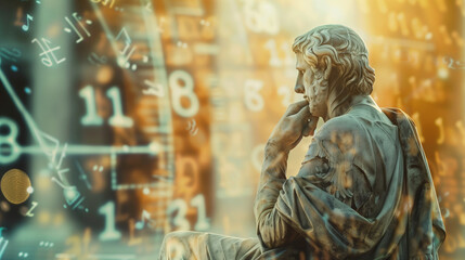 A statue set against a background of blurred mathematical equations, reflecting the philosopherâs engagement with mathematical concepts. , natural light, soft shadows, with copy sp