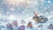Rabbit in snowy winter scene with colorful eggs - An adorable rabbit is nestled in the snow beside vibrantly colored eggs, presenting a unique twist on the winter wonderland
