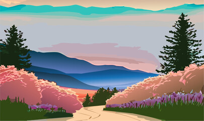 Wall Mural - Landscape with mountains and flowers