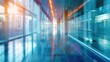 Modern corridor with glass walls and reflections - An ultra-modern building interior showcasing reflective glass walls with a glowing sun flare effect