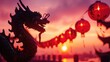 Intricate dragon sculpture against pink sky - Detailed dragon sculpture against a pink and purple sunset, with a line of glowing traditional lanterns enhancing its cultural significance