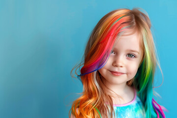 Wall Mural - Portrait of a beautiful little girl with rainbow neon asymmetric hair style