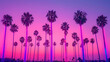 Tropical palm trees silhouette against a dreamy pastel sky with whimsical clouds and a vibrant cyan and magenta hues,pop art