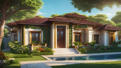 Wall Mural - Luxurious bungalow exterior featuring vivid paint colors adorned with intricate architectural details