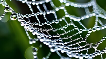 The intricate details of a spider web covered in dewdrops highlighting the natural geometry