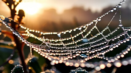 The intricate details of a spider web covered in dewdrops highlighting the natural geometry
