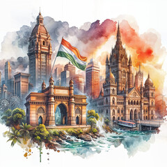 Watercolor illustration for maharashtra day with famous maharashtra monuments created with generative ai	
