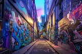 Fototapeta Uliczki - Twilight Harmony in an Urban Street Art Corridor – Picture a narrow street transformed into an art gallery, where the walls are canvas to a symphony of vibrant street art.