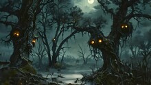 A Painting Showing Two Tall Trees With Glowing Eyes In A Dark Forest, Spooky Moonlit Swamp With Gnarled Trees And Glowing Eyes