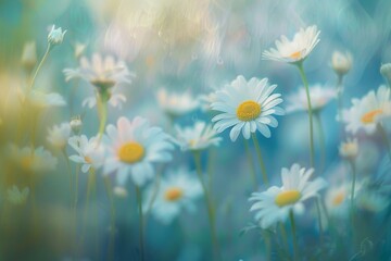 Wall Mural - Field of daisies on blue background, a beautiful natural landscape
