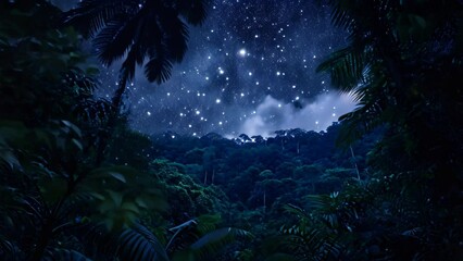 Canvas Print - This photo captures a dense forest filled with towering trees beneath a starry night sky, Starry night over a thriving rainforest