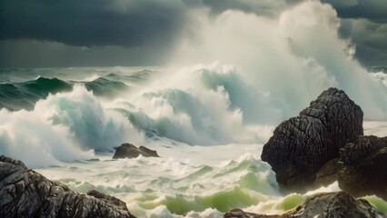 Poster - A massive wave with great force crashes forcefully against a rugged shoreline made up of rocks and boulders in the vast open ocean, Stormy sea with waves crashing over rocks