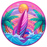 Fototapeta  - A pink surfboard dominates the center of a circular design, which is flanked by ornate waves and under a radiant sun