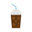 Ice coffee icon. Cold drink in plastic glass with straw, ice cubes.