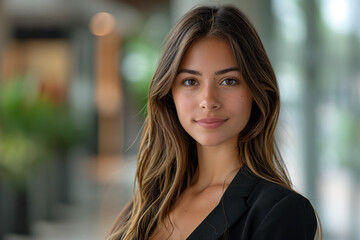 A Latina woman with long brown hair smiles at the camera. She is wearing a black jacket and standing in front of a green plant.