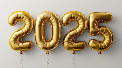 Wall Mural - Happy New Year background with 2025 shiny golden numbers made of air balloons isolated on white background. Festive celebration banner