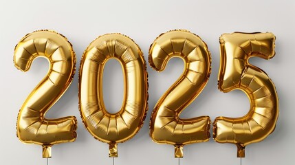 Wall Mural - Happy New Year background with 2025 shiny golden numbers made of air balloons isolated on white background. Festive celebration banner