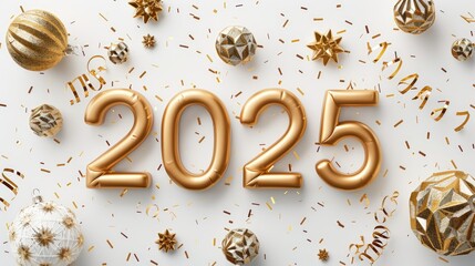 Wall Mural - Happy New Year background with 2025 shiny golden numbers and confetti, glitter isolated on white background. Festive celebration banner