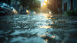 Water flooding a city street, captured to show the impact of extreme rainfall and flash flooding. , natural light, soft shadows, with copy space, blurred background