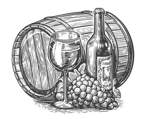 Wall Mural - Wine bottle, glass of wine and wooden barrel. Vintage sketch vector illustration engraving style