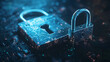 © suldev - Digital padlock for computing system on dark blue background, cyber security technology for fraud prevention and privacy data network protection concept