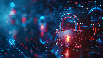 Wall Mural - digital padlock for computing system on dark blue background, cyber security technology for fraud pr