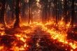 A blazing inferno roaring through the forest, devouring everything in its path with intense heat and destructive power. Concept of wildfire and devastation. Generative Ai.