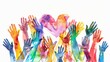 Watercolor painting of colorful hands and a heart as a symbol of love, family, inclusion, diversity and equality. Concept of a diverse and loving community.