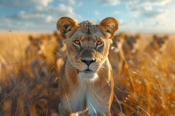 Wall Mural - A regal lioness leading her pride through the vast plains of the savanna, instilling confidence and unity among her companions with her strength and determination.  Generative Ai.