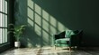 A green chair sits in a room with a green wall and a potted plant. The room is bright and airy, with sunlight streaming in through the window. The chair is positioned near the window