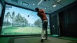 Golf simulator. Golfer playing golf in indoor simulator
