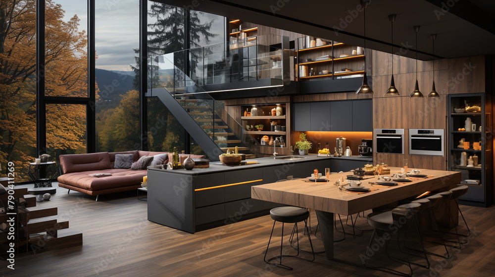 A luxurious contemporary kitchen and living space in a mountain home ...