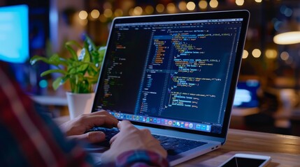 person working on a laptop with coding software.