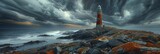 Fototapeta  - The lonely lighthouse stands resilient on the desolate rocky shore amidst the raging storm above.