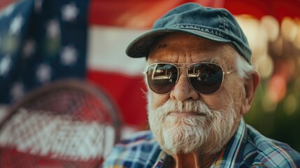 Veteran senior person on independence day against American flag background