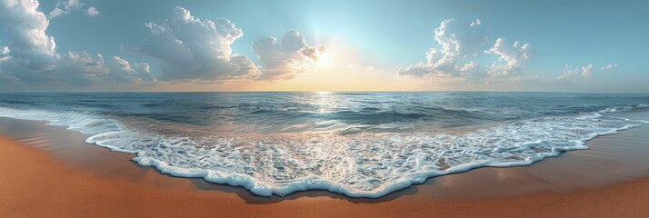 Poster - Minimalistic sunrise over a serene beach, with calm waters gently lapping at the smooth sand.