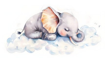 Wall Mural - Cute watercolor hand drawn artwork of an elephant sleeping on a cloud on a white, isolated backdrop. 