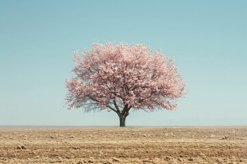 Poster - Single blooming tree in the center of an empty field during spring.