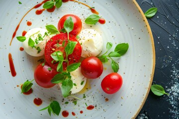 Wall Mural - A dish of tomato, mozzarella, and basil on a table