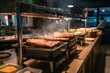Catering buffet with grilled meat in a restaurant setting