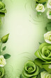 Green background with white roses and leaves. Copy space