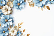 Blue and white flowers with gold leaves on white background. Copy space