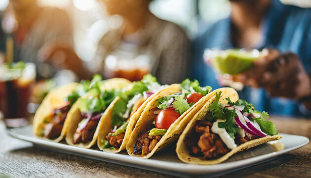 appetizing tacos with friends in blurred background, epitomizing social gatherings and culinary delights