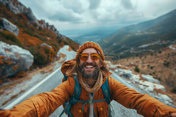 Poster - A selfie taken during a road trip, capturing the excitement and adventure of exploring new places. Concept of travel and exploration. Generative Ai.