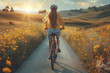 A cyclist pedaling along a scenic countryside road, feeling the wind in their hair and the sun on their face. Concept of freedom and exhilaration. Generative Ai.