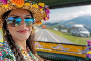 Wall Mural - A woman wearing a straw hat and sunglasses in Latin America